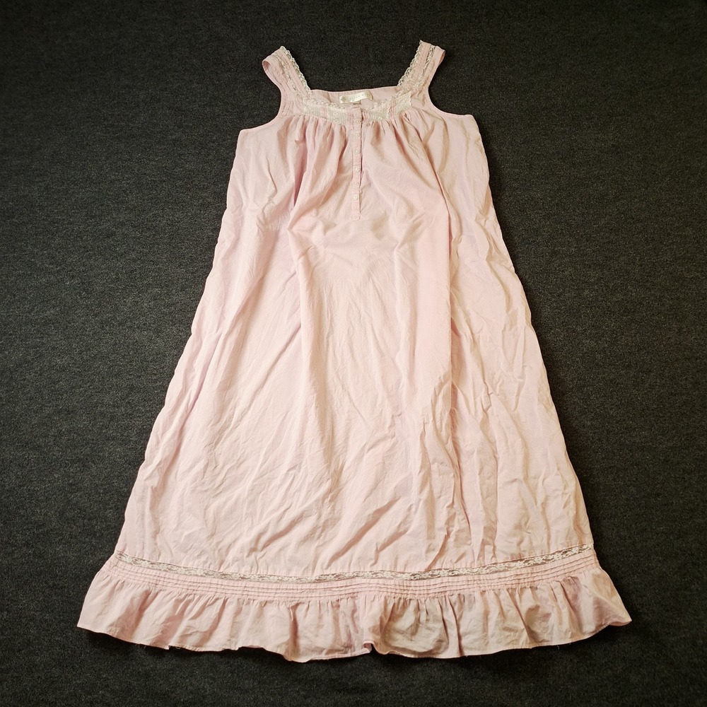 Eileen West Long Pink Cotton Nightgown White Lace Sleeveless Lightweight Coasta